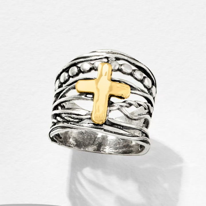 Cross Multi Band Wide Statement Ring Two Tone Layered Twisted Band Faith Religious Jewelry For Women Men