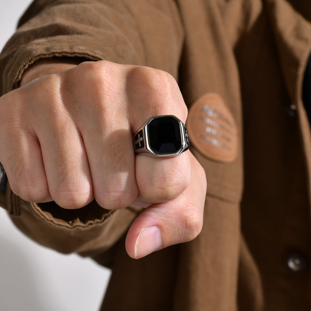 Cross Black Gemstone Men Wide Band Ring Retro Square‑Cut Signet Ring