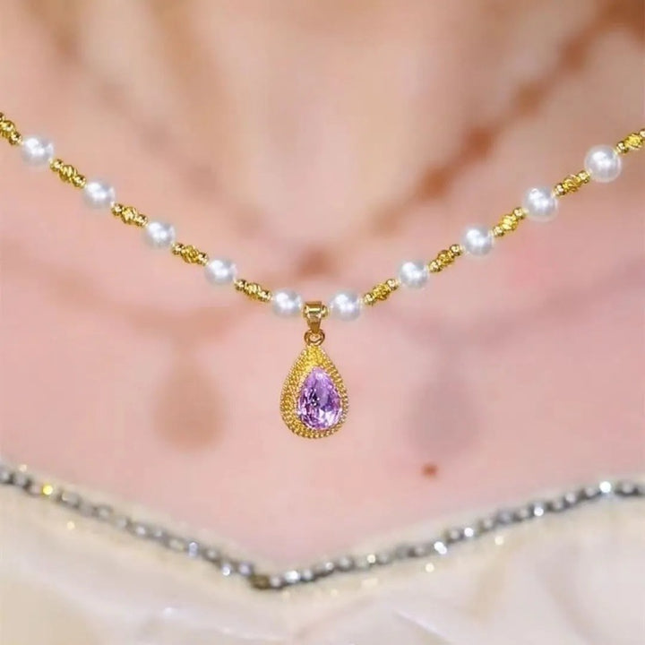 Teardrop Purple Gem Pearl Beaded Necklace Vintage‑Inspired Choker