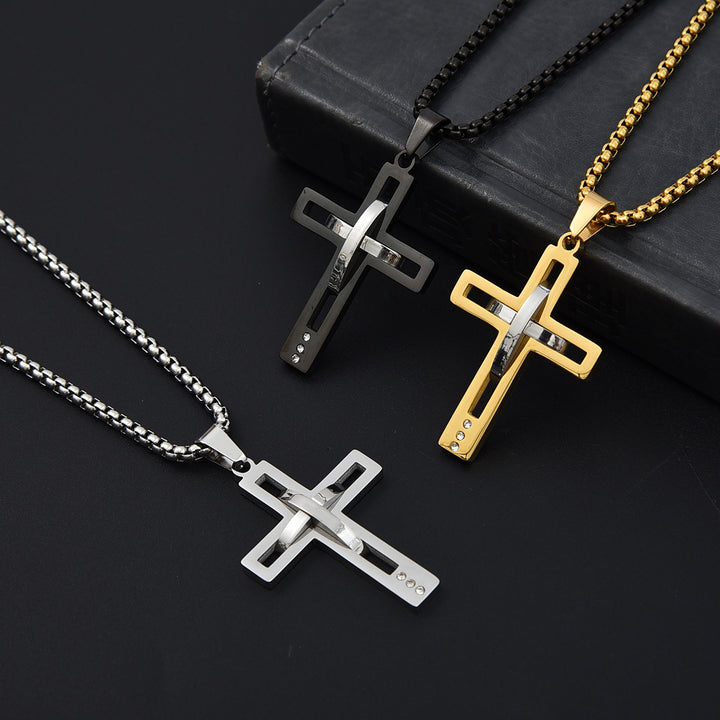 Cross Pendant Necklace Men Stainless Steel Black Silver Gold Box Chain Religious Jewelry Gift