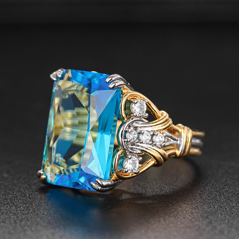 Blue Topaz Emerald Cut Cocktail Ring Women Two Tone Branch Gold Statement Jewelry Gift