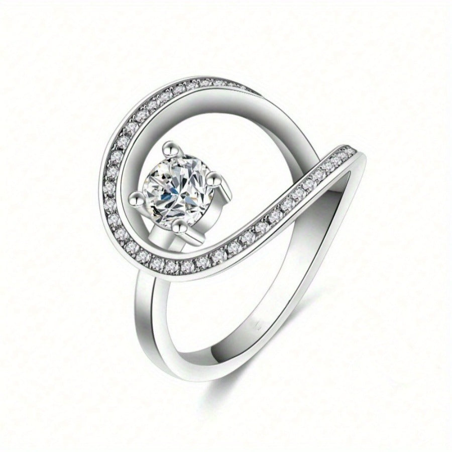 Geometric Open‑Band Ring Four‑Prong Center Diamond With Paved Side Stones