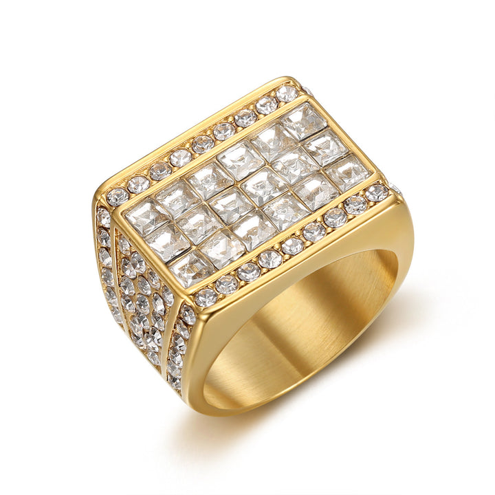 Hip Hop Full Diamond Square Titanium Steel Men Ring, European Trend Wide Band Diamond Ring