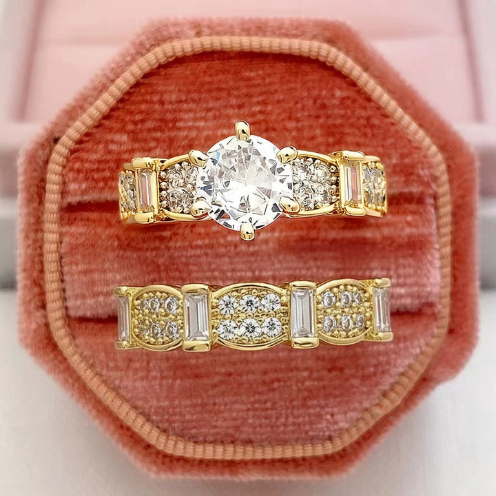 Two‑Piece Stackable Ring Set, Round‑Cut Center Diamond With Paved & Baguette‑Cut Accent Diamonds
