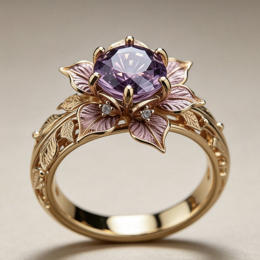 Floral Purple Gem Engagement Ring Nature Inspired Leaf Statement Ring Vintage Romantic Cocktail Ring For Women