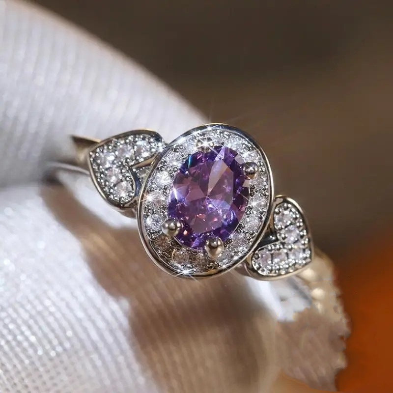 Oval Purple Diamond Halo Ring Women Heart Shank Silver Engagement Promise Ring Vintage Birthstone Cocktail Ring Gift