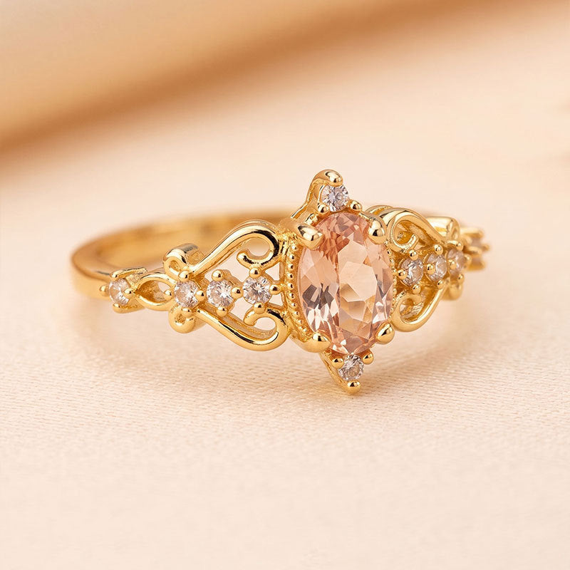 Champagne Diamond Vintage Filigree Ring Women Oval Art Nouveau Gold Engagement Ring