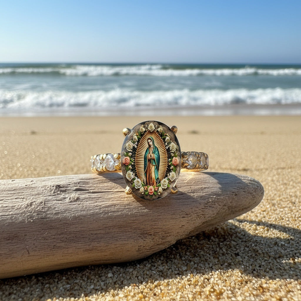 Our Lady of Guadalupe Floral Portrait Diamond Ring Vintage Religious Women Ring
