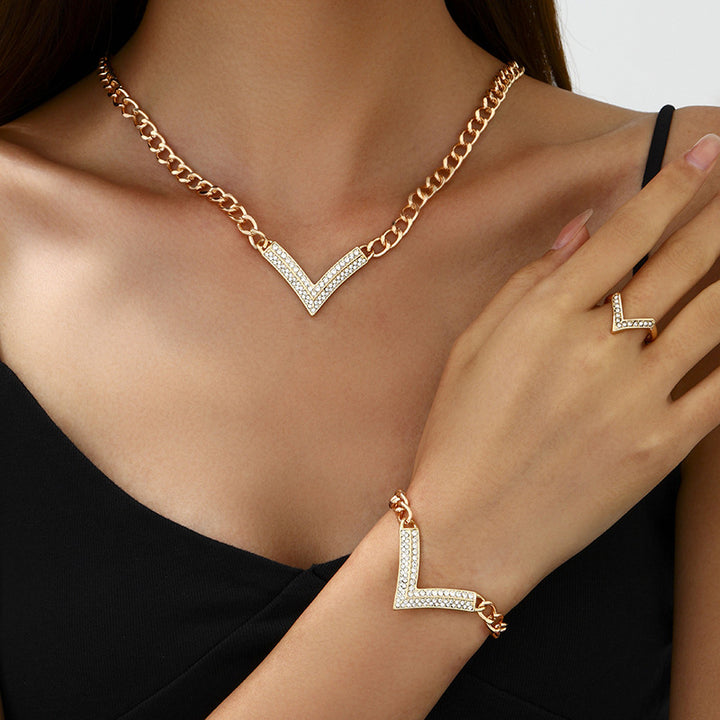 V Shape Rhinestone Statement Jewelry Set Chunky Curb Chain Necklace Bracelet Ring Stackable Trendy Women Fashion Jewelry