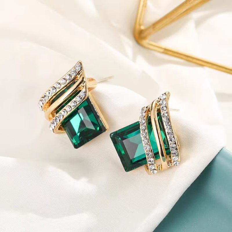 Emerald Square Stone Twist Band Stud Earrings Vintage Luxury Statement Jewelry For Women