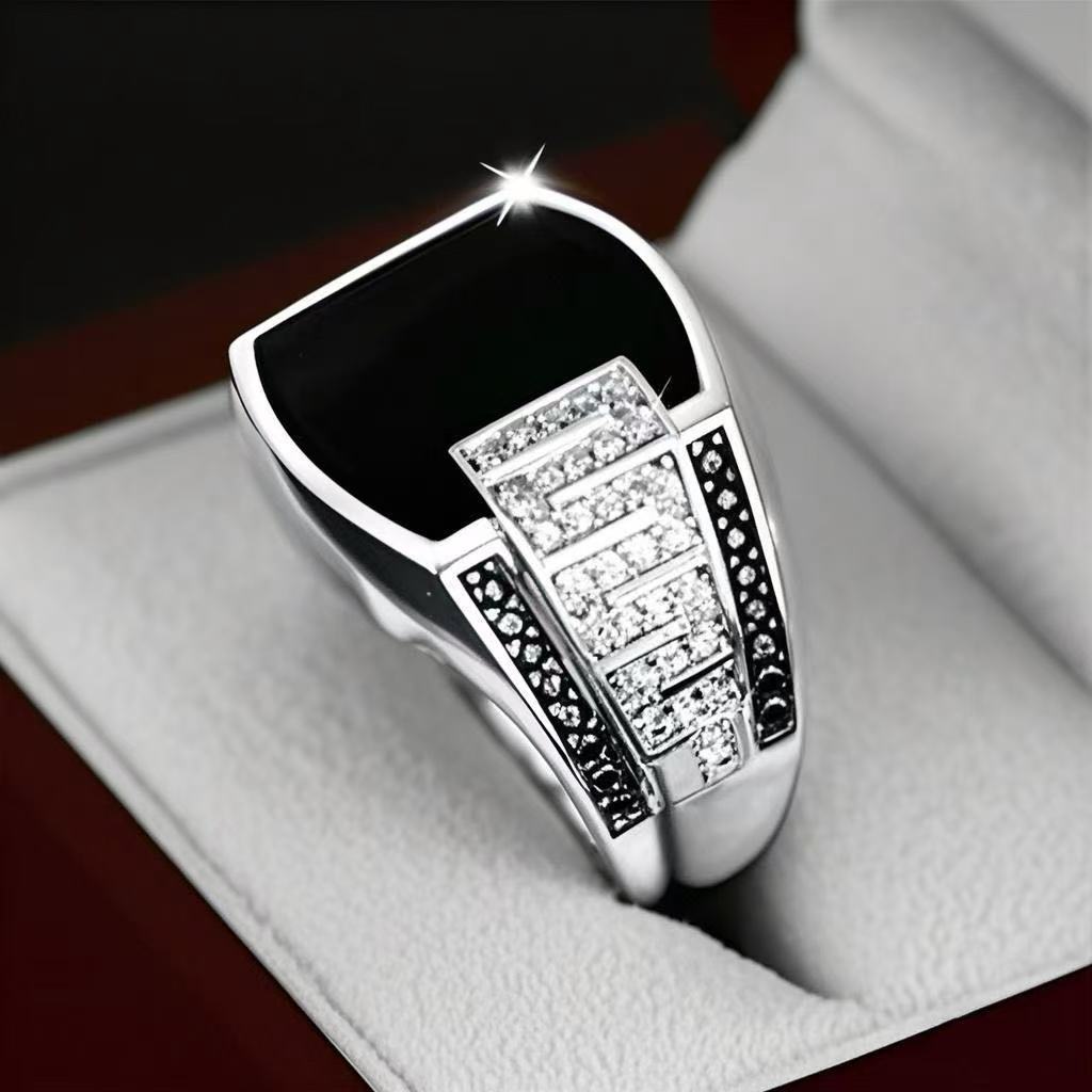 Wide Band Geometric Paved Diamond Ring Trendy Vintage Textured Mens Band