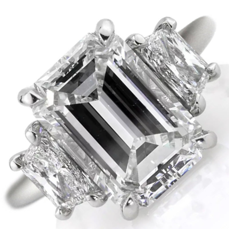 Emerald Cut Three Stone Diamond Ring Minimalist Engagement Ring