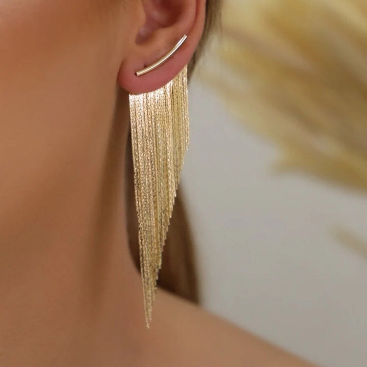 Sterling Silver Ear Post Long Tassel Earrings Atmospheric Slanted Metal Chain Drop Earrings Silver Gold Ambience Dangle Earrings