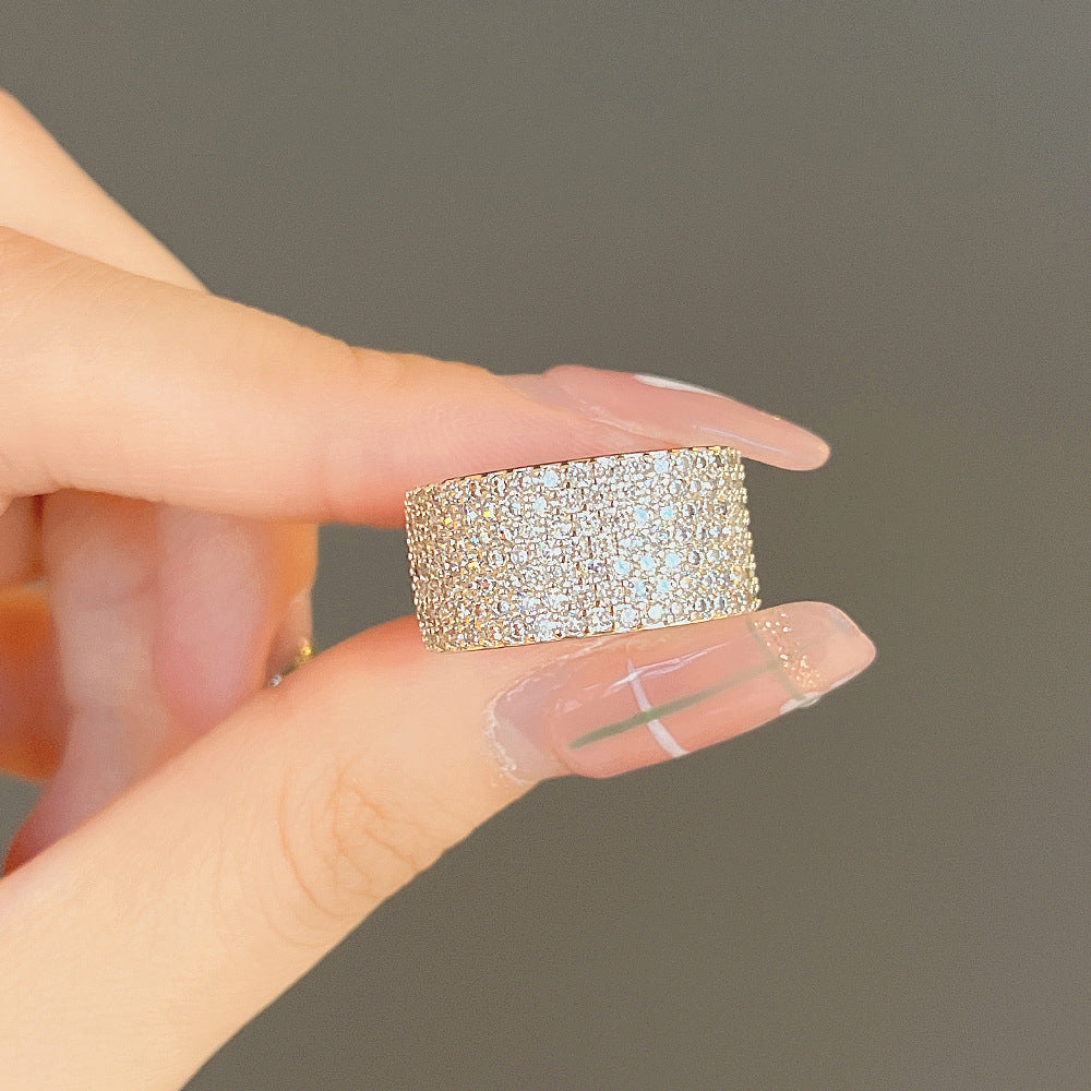 Wide Band Pave Diamond Ring Women Multi Row Micro Pave Statement Ring Silver Tone