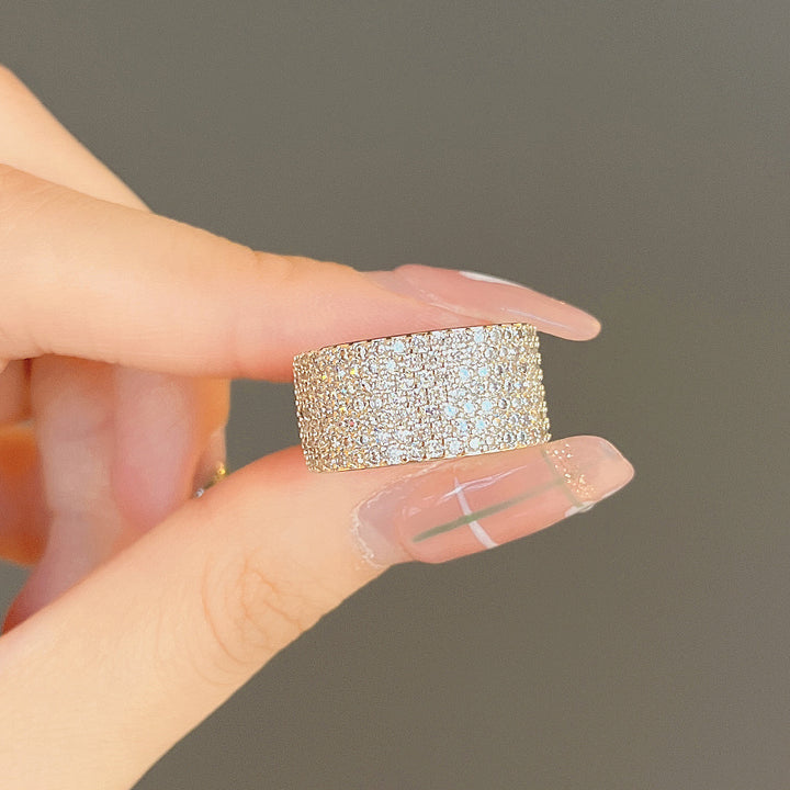 Wide Band Pave Diamond Ring Women Multi Row Micro Pave Statement Ring Silver Tone