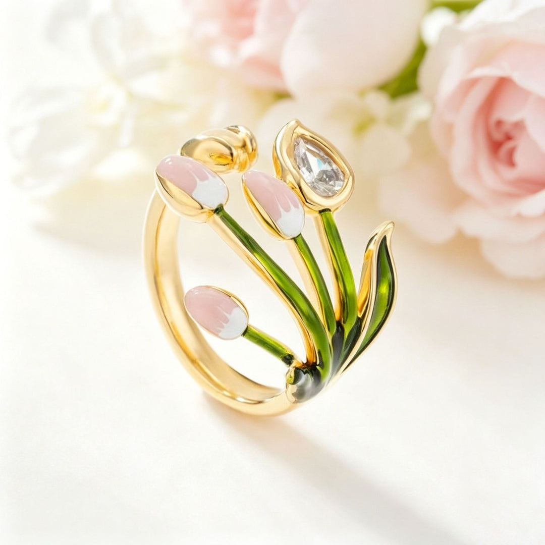 Enamel Tulip Flower Open Ring Women Green Stem Pink Bud Botanical Diamond Statement Ring