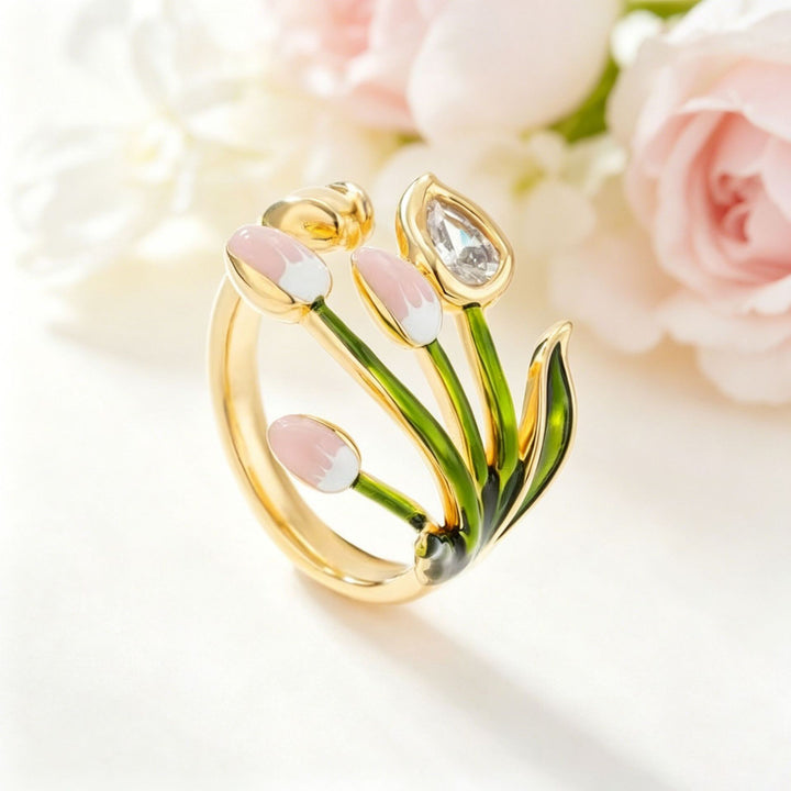 Enamel Tulip Flower Open Ring Women Green Stem Pink Bud Botanical Diamond Statement Ring