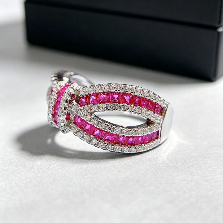 Bow‑Shaped Fuchsia Gem Diamond Wide Band Ring Hollow Intertwined Vintage Women’s Ring