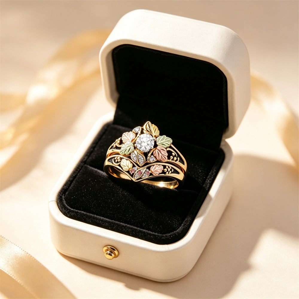Multi Tone Leaf Diamond Ring Set Vintage Enamel Stackable Two Piece Rings For Women