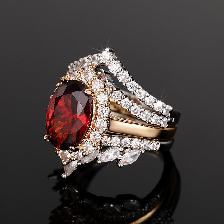 Vintage Oval Gemstone Diamond Three Piece Ring Set Two Tone Stackable Womens Rings