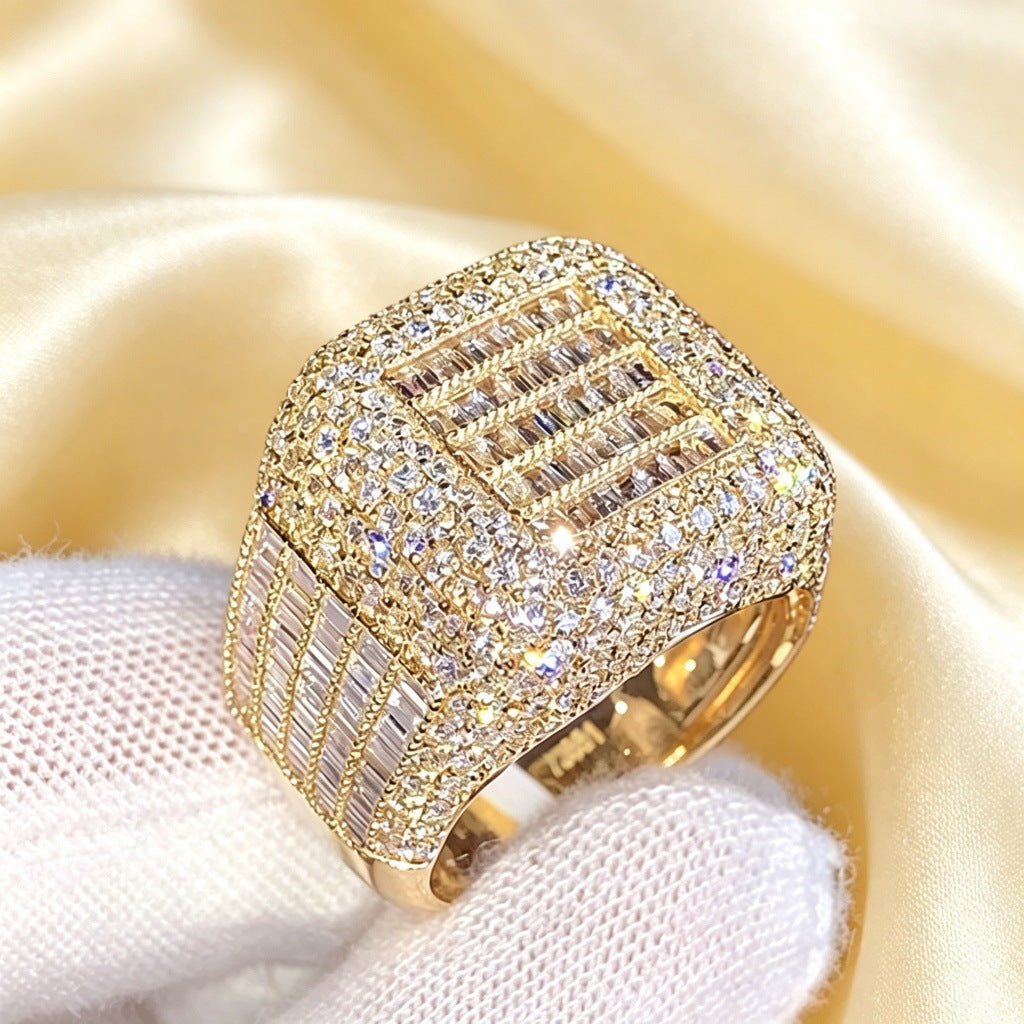 Men Hip Hop Square Statement Ring Baguette Round Diamond Pave Set Wide Band Luxury Cocktail Party Fashion Jewelry Gift