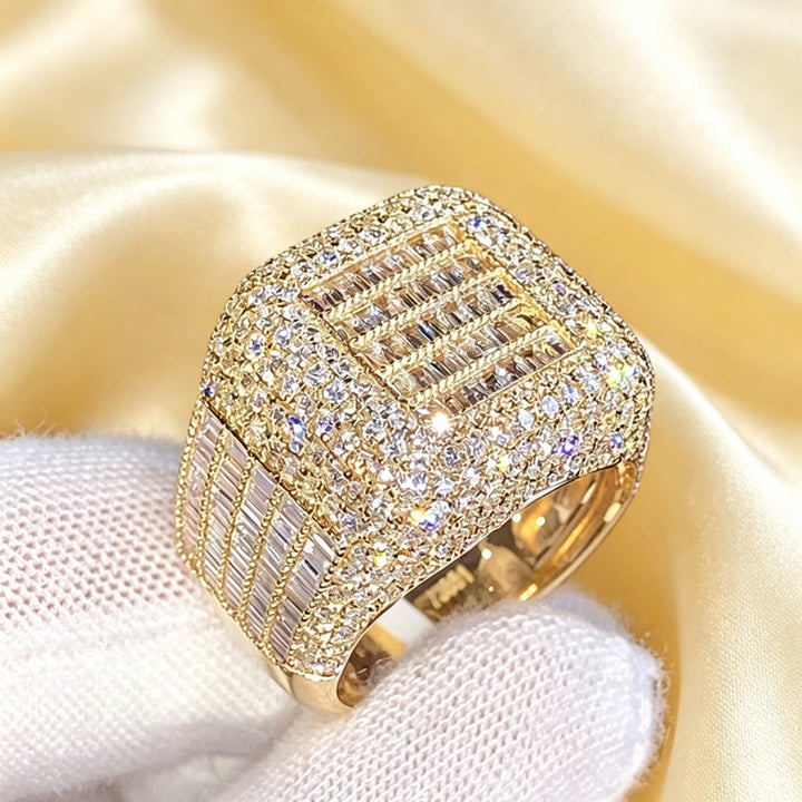 Men Hip Hop Square Statement Ring Baguette Round Diamond Pave Set Wide Band Luxury Cocktail Party Fashion Jewelry Gift