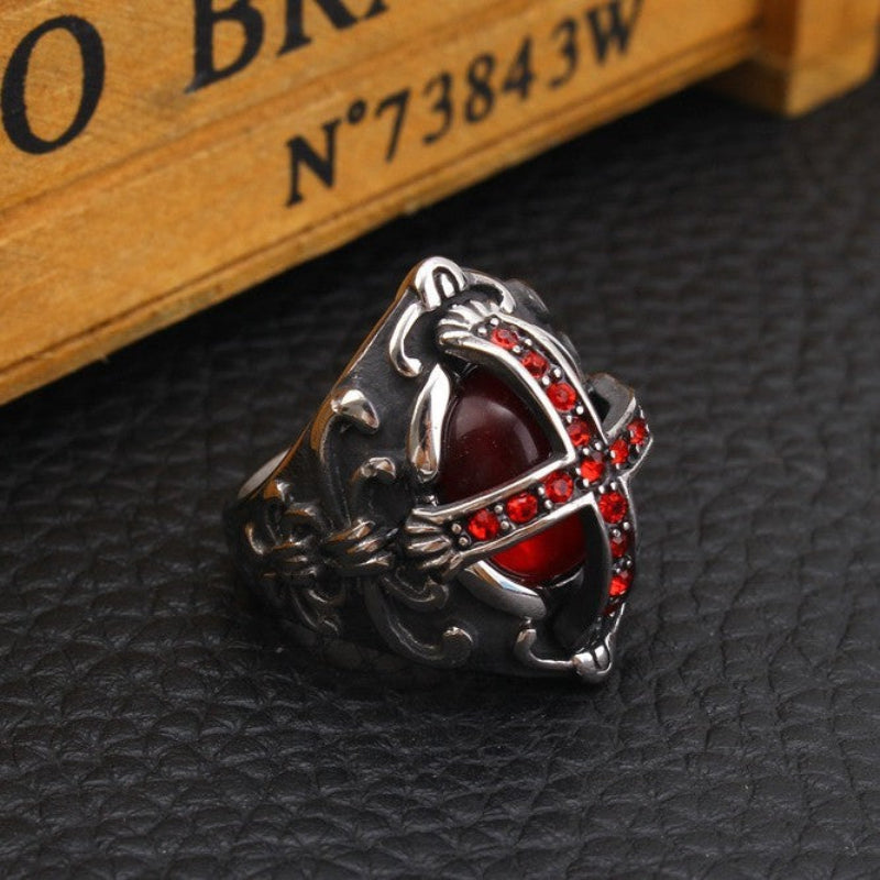 Vintage Cross Red Stone Jewelry Ring Gothic Statement Ring for Men Retro Engraved Finger Ring