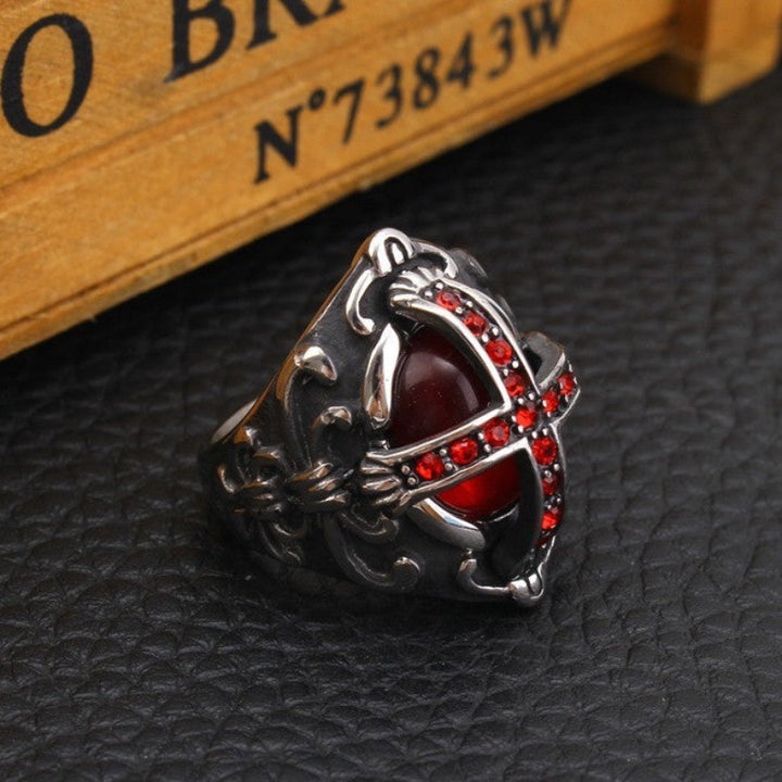 Vintage Cross Red Stone Jewelry Ring Gothic Statement Ring for Men Retro Engraved Finger Ring
