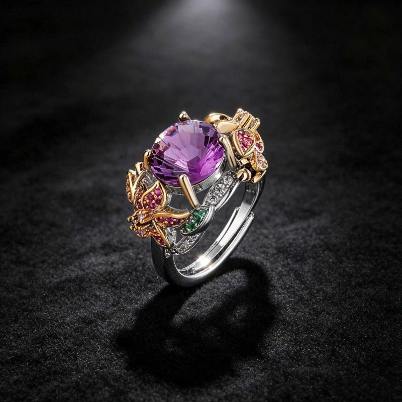 Amethyst Butterfly Statement Ring Women Vintage Two Tone Firework Cut Cocktail Ring