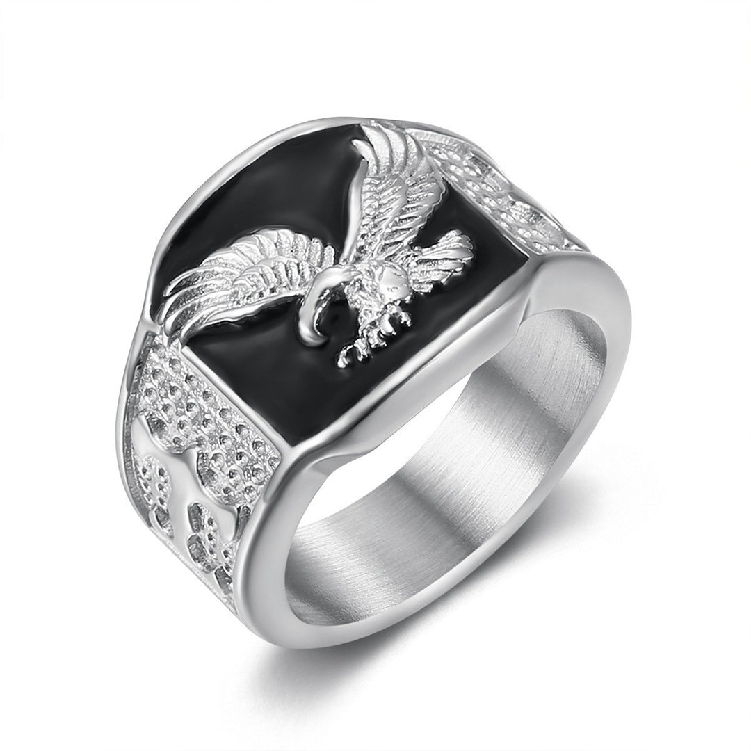 Eagle Embossed Signet Ring For Men Black Enamel Statement Band Ring Two Tone Options