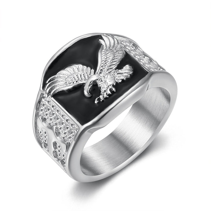 Eagle Embossed Signet Ring For Men Black Enamel Statement Band Ring Two Tone Options