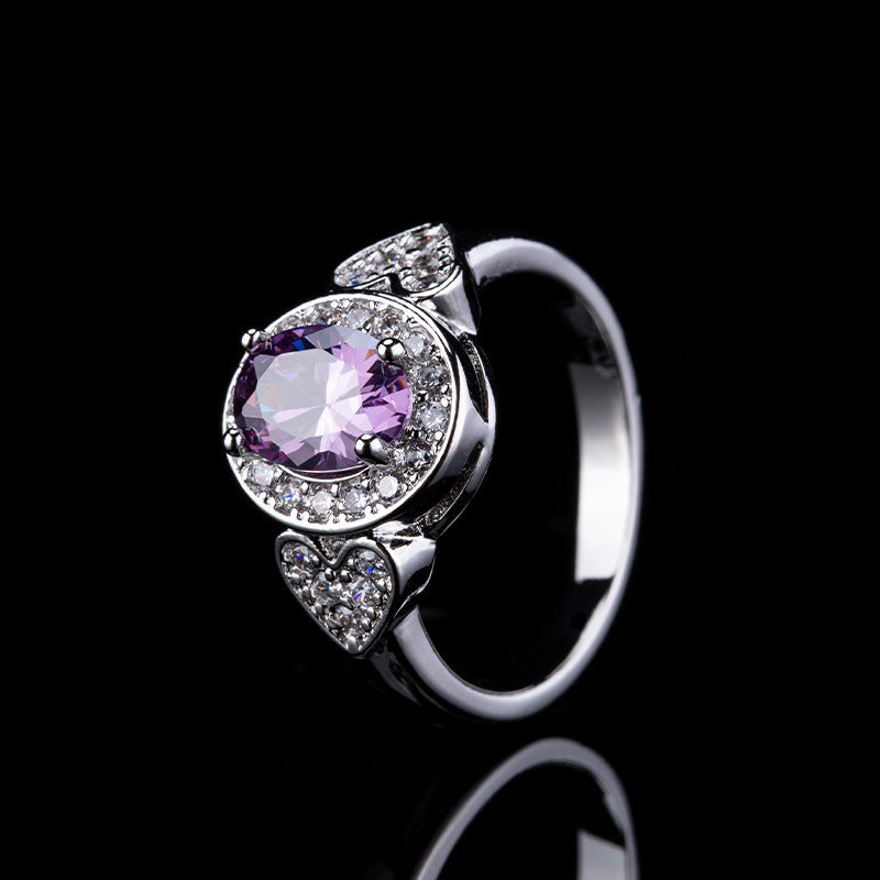 Oval Purple Diamond Halo Ring Women Heart Shank Silver Engagement Promise Ring Vintage Birthstone Cocktail Ring Gift