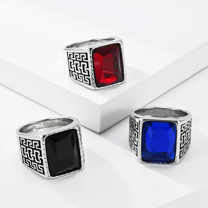 Vintage Geometric Pattern Square Gemstone Men Wide Band Ring