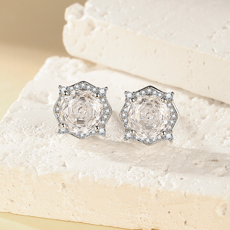 Millennium Rose Cut Diamond Stud Earrings Women Halo Hexagon Silver Sparkling Jewelry Gift
