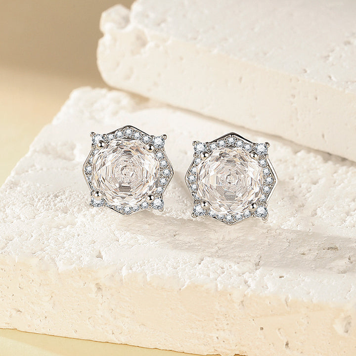 Millennium Rose Cut Diamond Stud Earrings Women Halo Hexagon Silver Sparkling Jewelry Gift