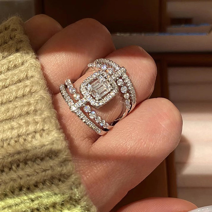 Baguette Cut Diamond Halo Statement Ring Multi Layer Intertwined Band Stackable Ring