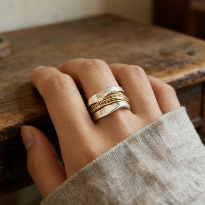 Two Tone Wavy Wire Wrap Statement Ring Minimalist Modern Wide Band Unisex Stackable Handcrafted Ring