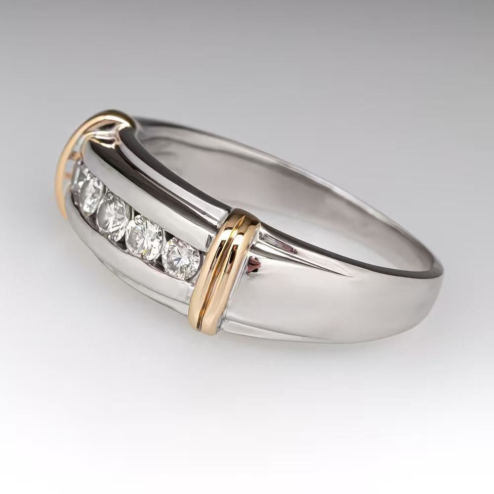 Two Tone Channel Set Diamond Men Band Ring Classic Business Finger Ring