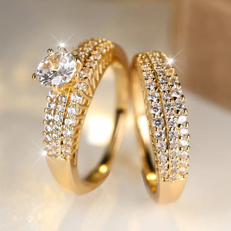Two Piece Bridal Ring Set Women Solitaire Engagement Band Gold Diamond Wedding Set