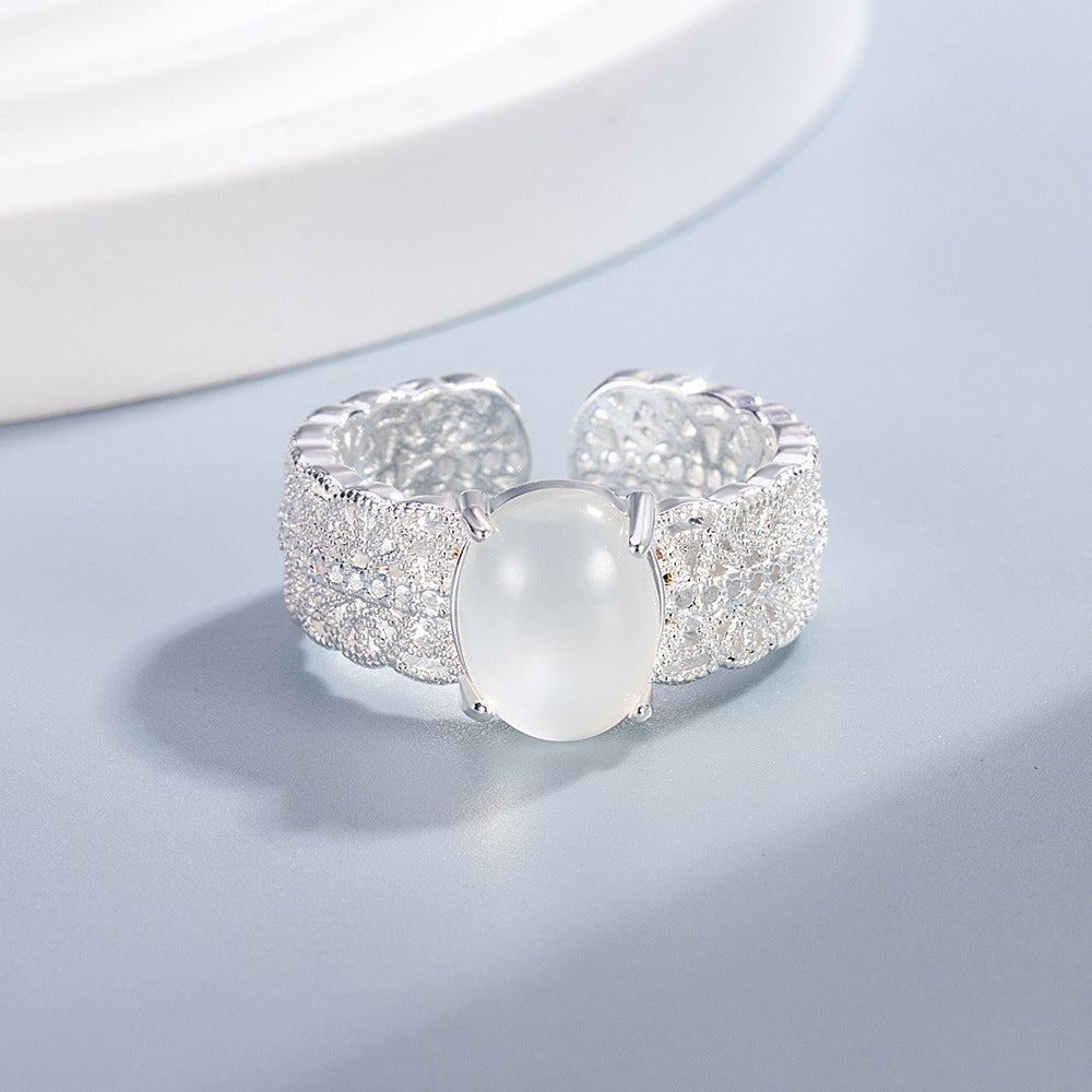 Openwork Filigree Chalcedony Ring Women Silver Hollow Carved Adjustable Elegant Jewelry