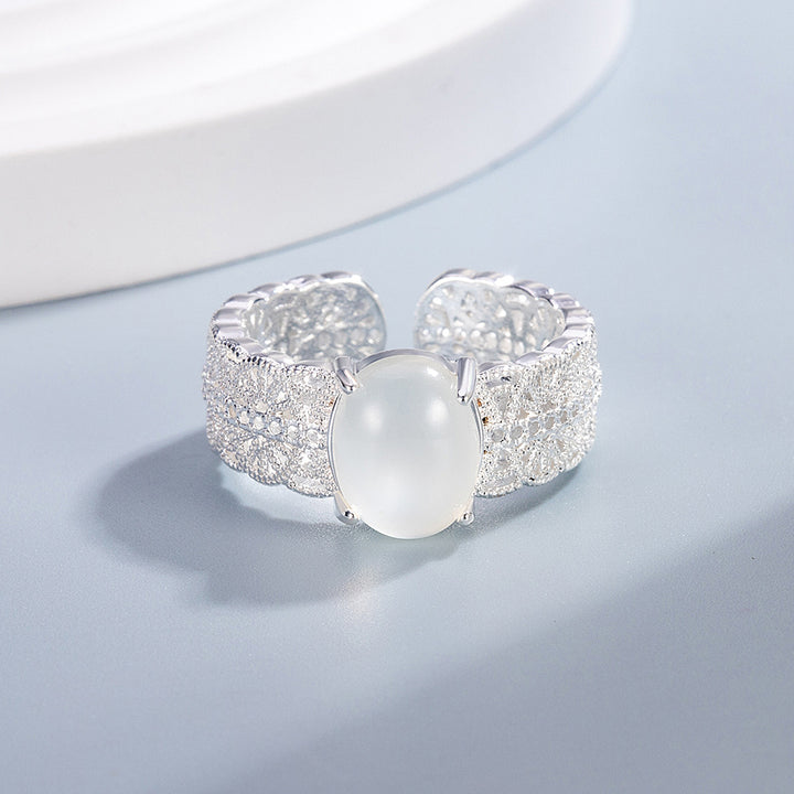 Openwork Filigree Chalcedony Ring Women Silver Hollow Carved Adjustable Elegant Jewelry