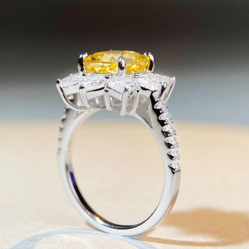 Yellow Diamond Flower Halo Ring Women Pear White Diamond Silver Vintage Jewelry Gift