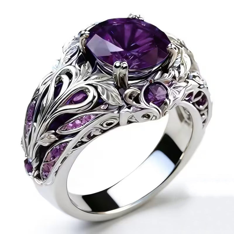 Vintage Vine Hollow Carved Main Stone Ring Titanium Steel Luxury Court Style Unisex Ring