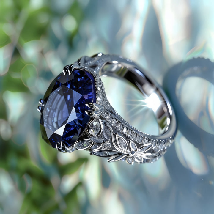Oval Blue Sapphire Vintage Filigree Ring Women Art Nouveau Leaf Butterfly Engagement Ring