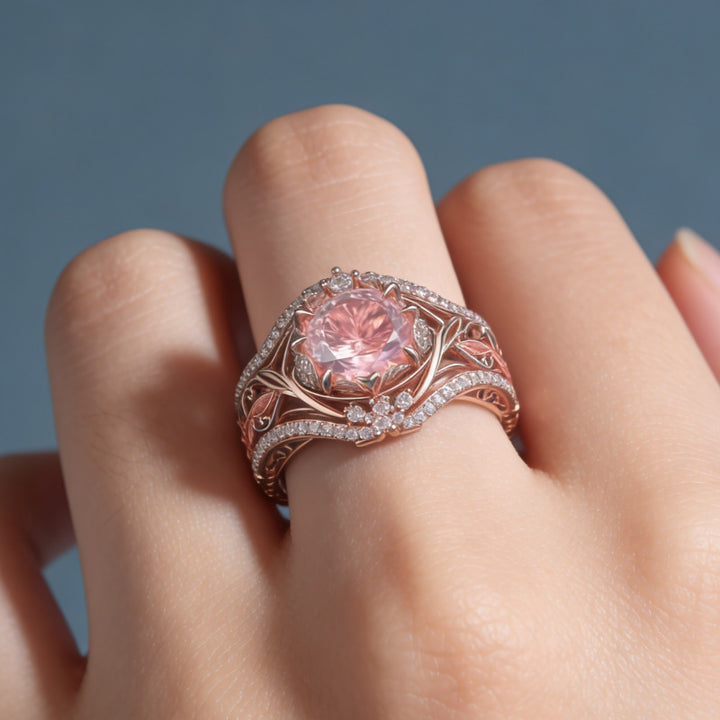 Pink Diamond Vine Flower Engagement Ring Women Rose Gold Floral Leaf Crown Openwork Promise Ring