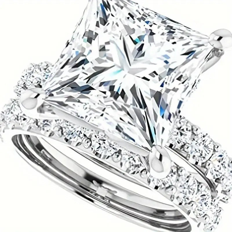 Princess Cut Diamond Bridal Ring Set Two Piece Wedding Engagement Stackable Band