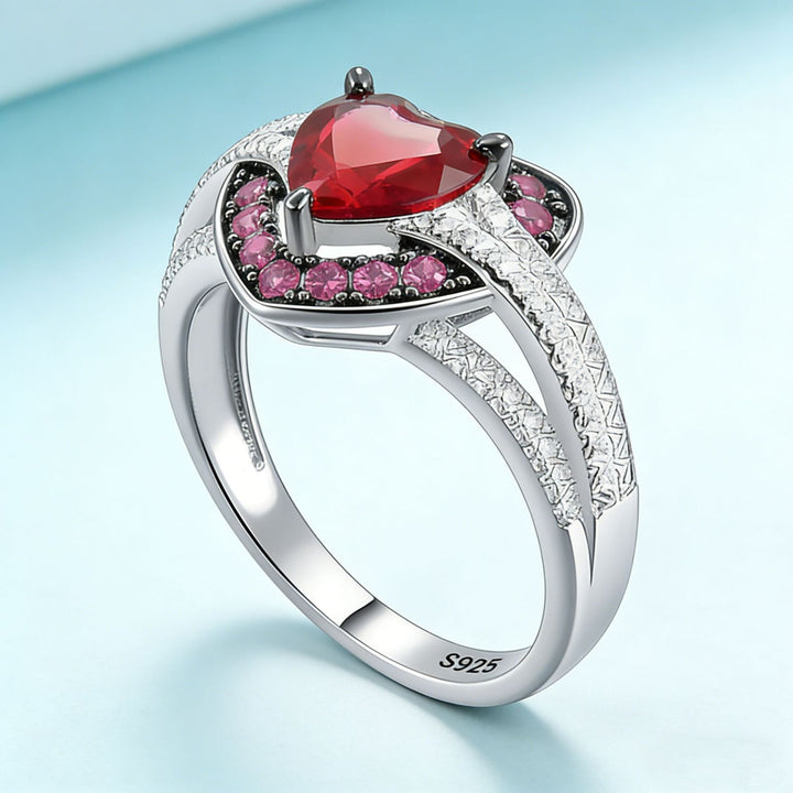 Heart‑Shaped Ruby Center Stone S925 Sterling Silver Ring, Pave‑Set Pink Gemstone & Diamond Band