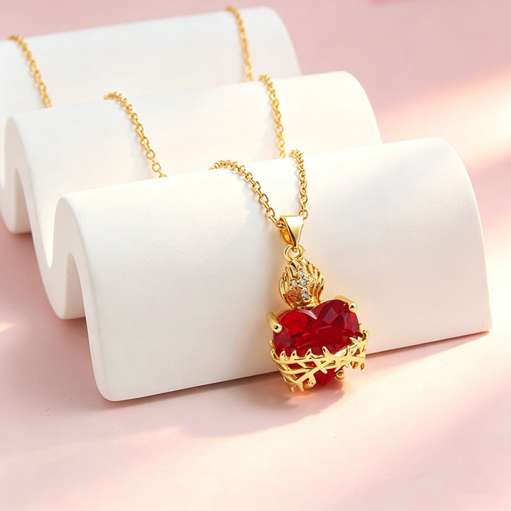 Red Heart Pendant Necklace Women Gold Crystal Wing Charm Diamond Elegant Jewelry Gift