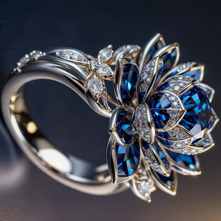 Sapphire Blue 3D Lotus Flower Statement Ring Women Vintage Floral Cocktail Ring Diamond Accent