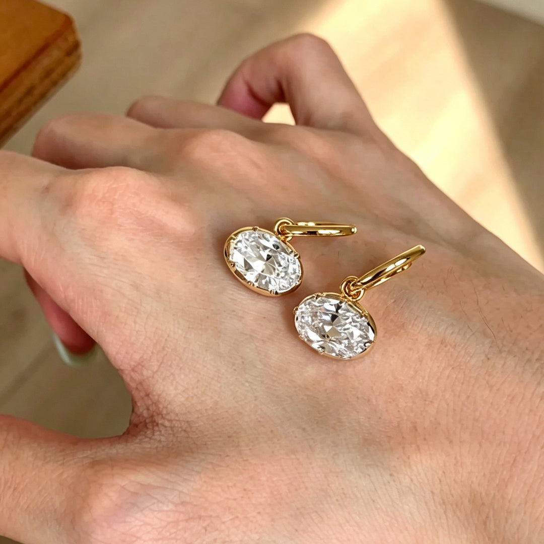 Oval Diamond Drop Hoop Earrings Minimal Exquisite Luxurious Earrings